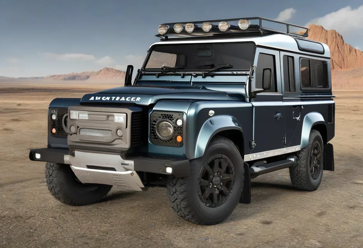 Widetrack Avontur, a two-door pickup conversion of the Land Rover Defender, with a carbon bed and a modular utility rail system.