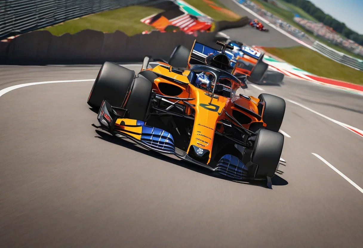 Lando Norris in his McLaren car, with the Hungarian Grand Prix circuit in the background.