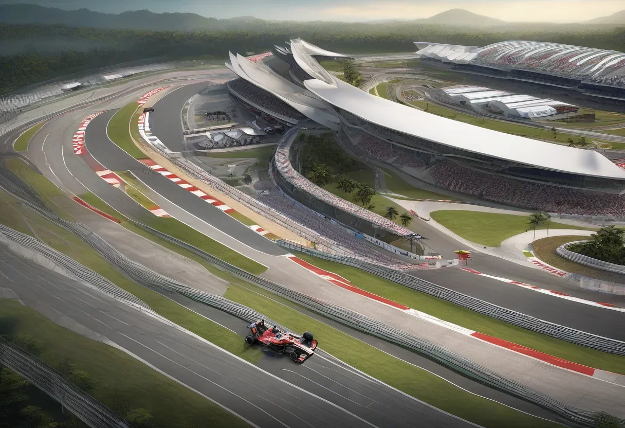 Sepang International Circuit with a Formula 1 car racing in the foreground.
