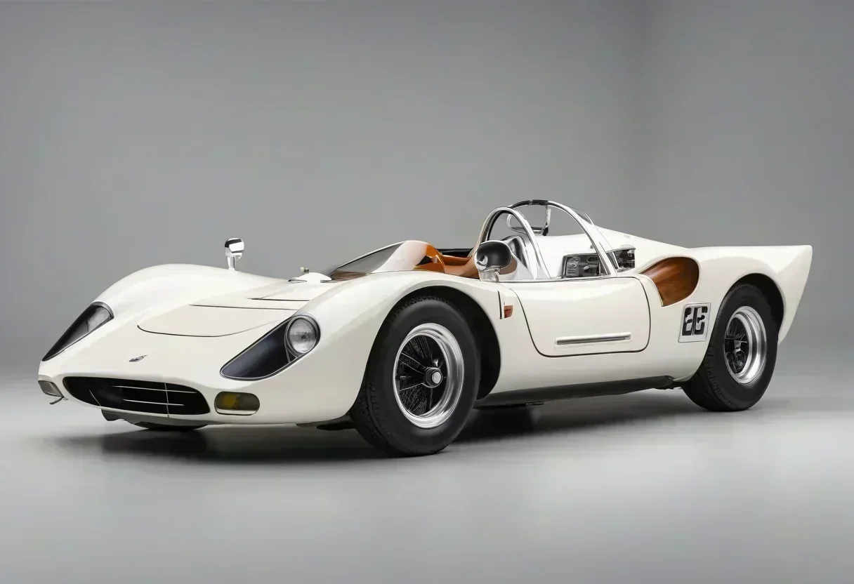 The restored McLaren M6GT, a tribute to the company's first road car, in Colnbrook White with a green interior.