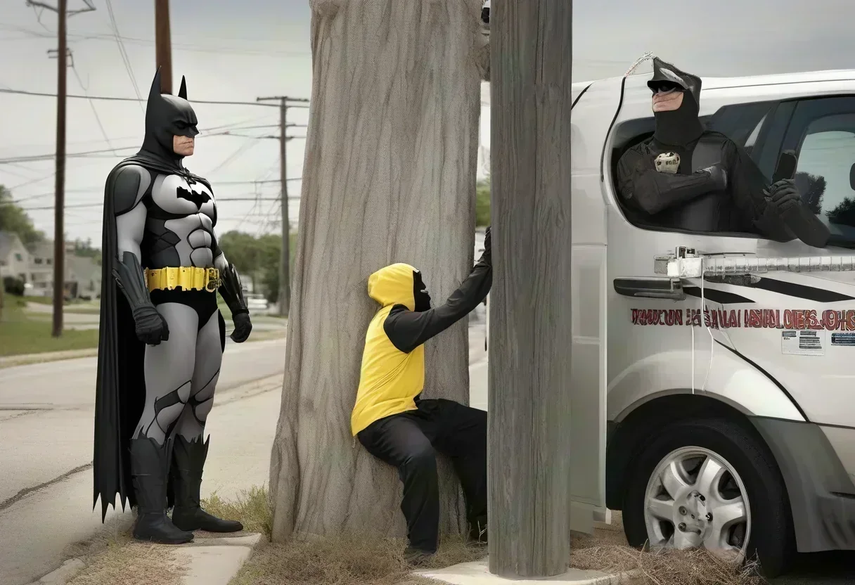 Mexican Batman standing in front of a utility pole with a suspected thief taped to it.
