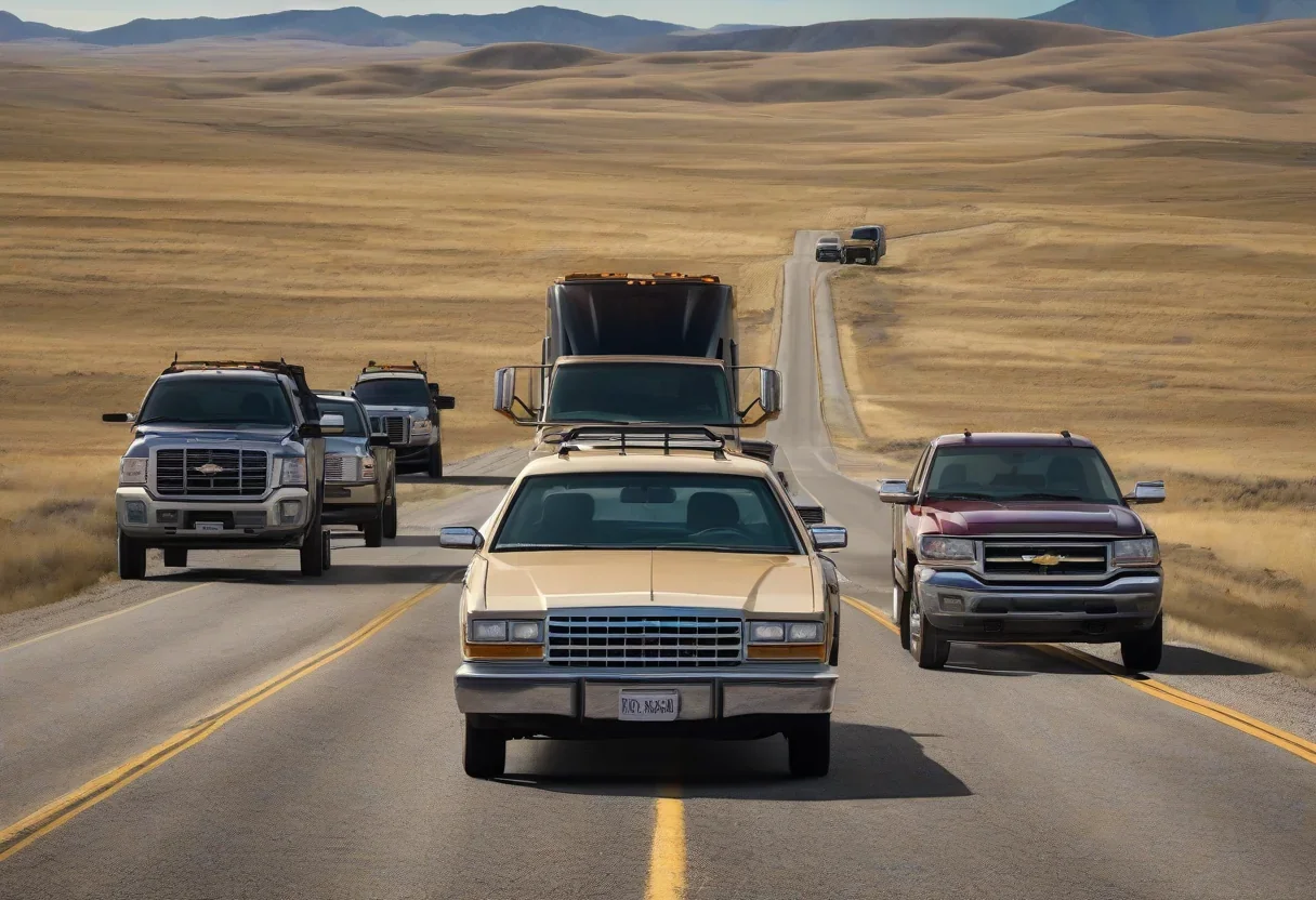 A slow-moving vehicle on a two-lane road in Montana with four or more vehicles behind it.