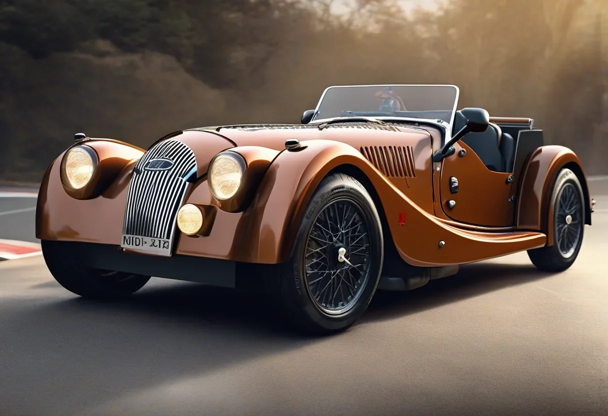 Morgan Supersport in a racing environment, with a blurred background and a focus on the car's sleek design and sporty features.