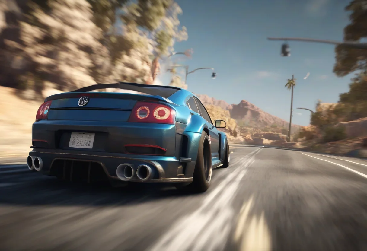 A screenshot of a Need for Speed game with a speeding car in the foreground.
