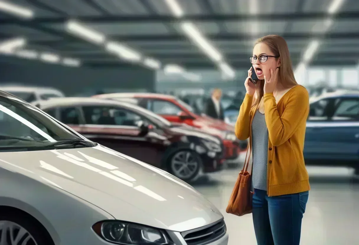 A person looking at a car price tag with a shocked expression