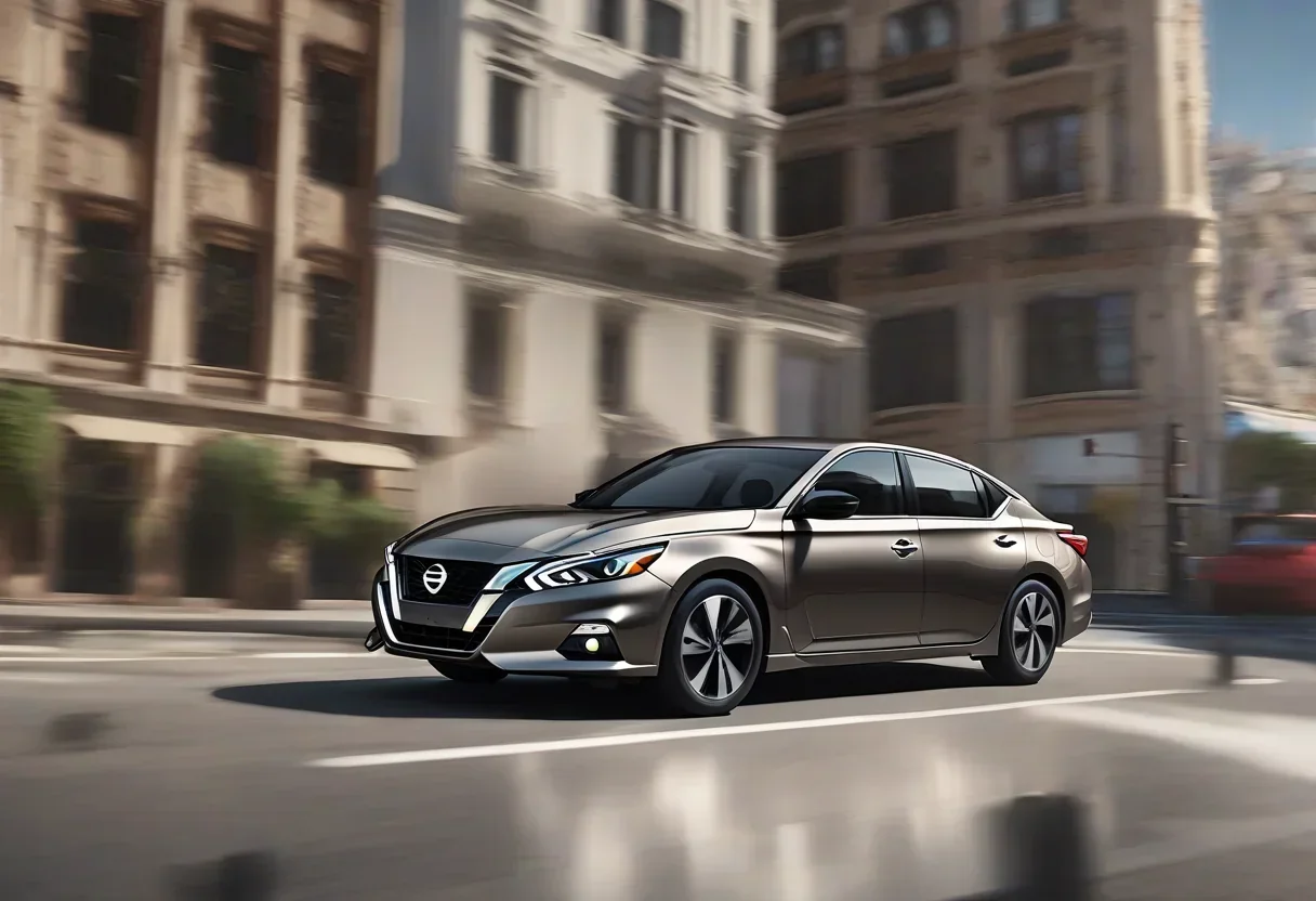 Nissan Altima sedan with a cityscape in the background.
