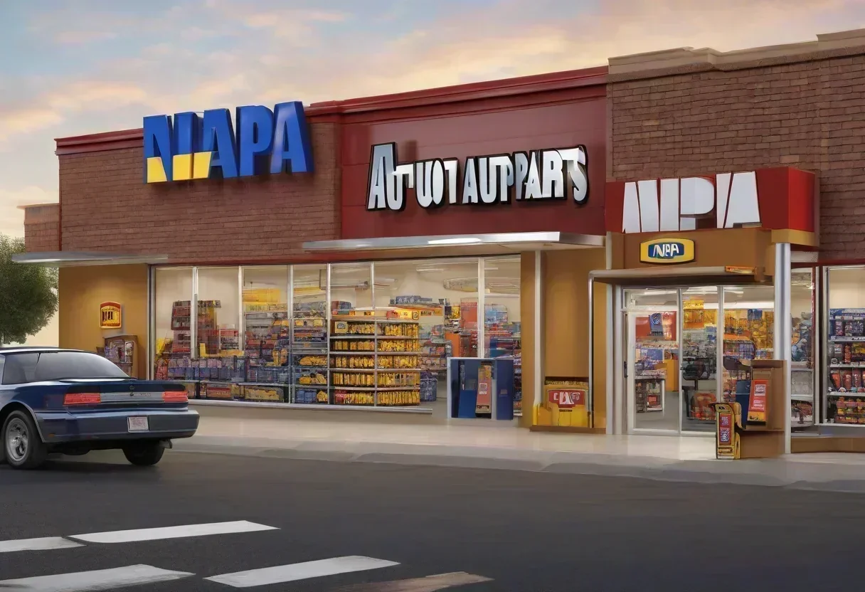 NAPA Auto Parts store with a 'For Sale' sign in the window.