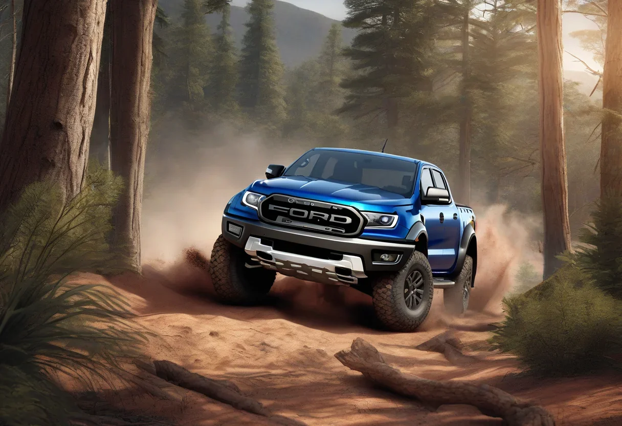 A Ford Ranger Raptor driving on a wooded trail, with a scenic landscape in the background.