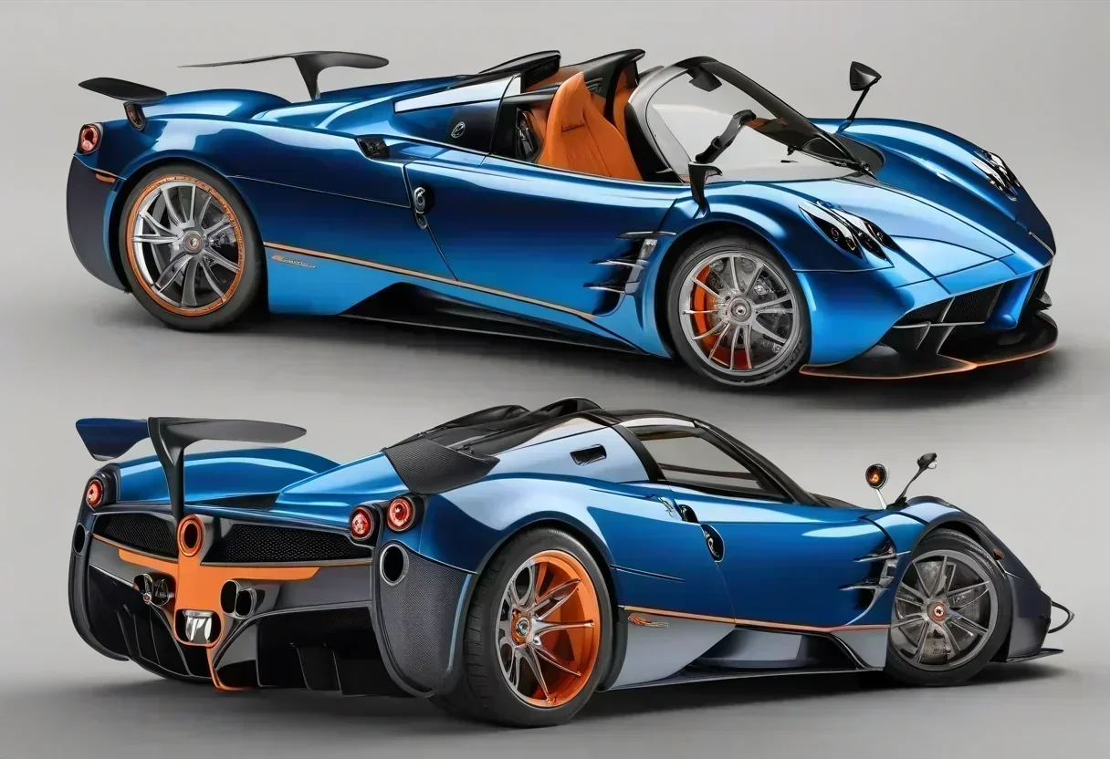 Pagani Huayra 70 Derecho in Pearl Orange and Blue, with the top down and the engine visible.