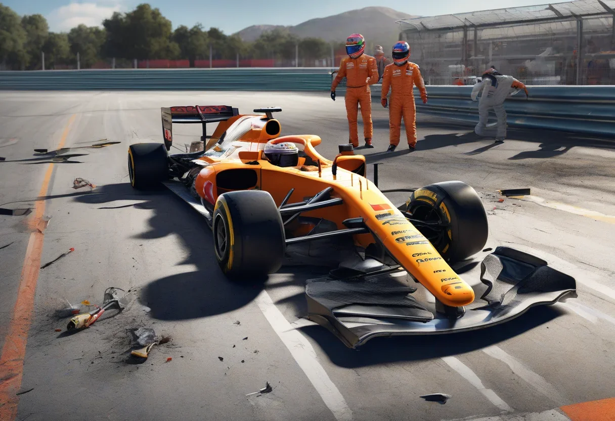 Oscar Piastri's damaged McLaren F1 car after collision with Carlos Sainz