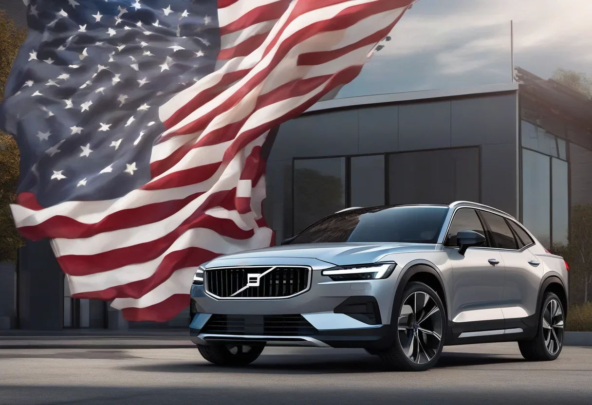 Polestar 5 electric sedan with a blurred American flag in the background
