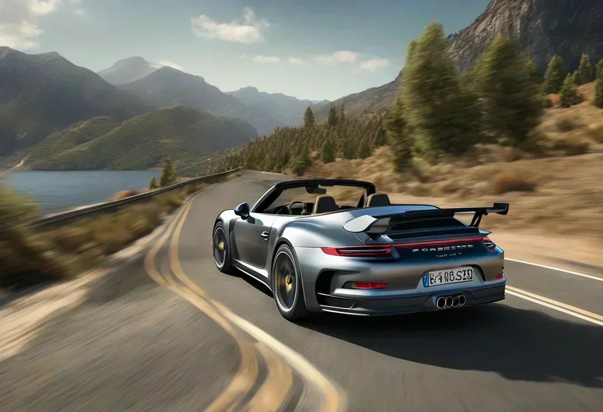 Porsche 911 GT3 S/C driving on a winding road with the top down.