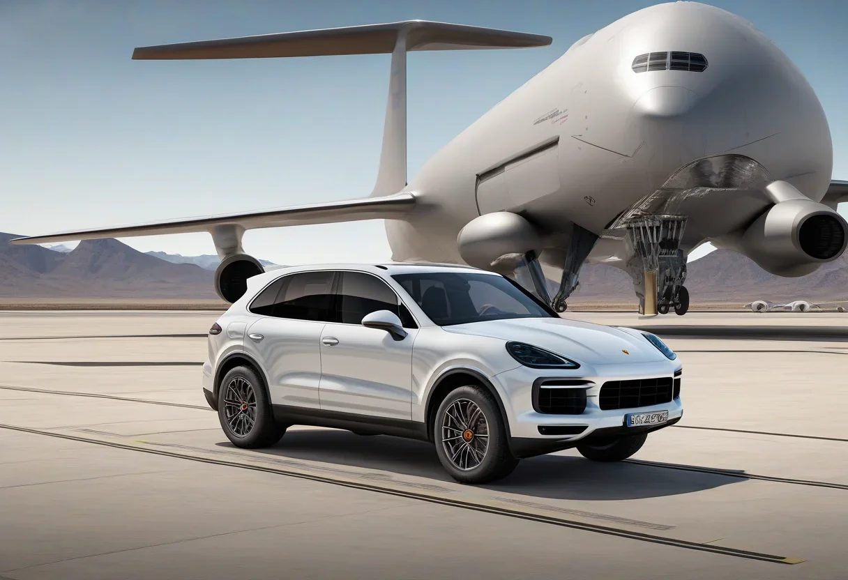 Porsche Cayenne Electric SUV pacing Stratolaunch Roc aircraft on runway.