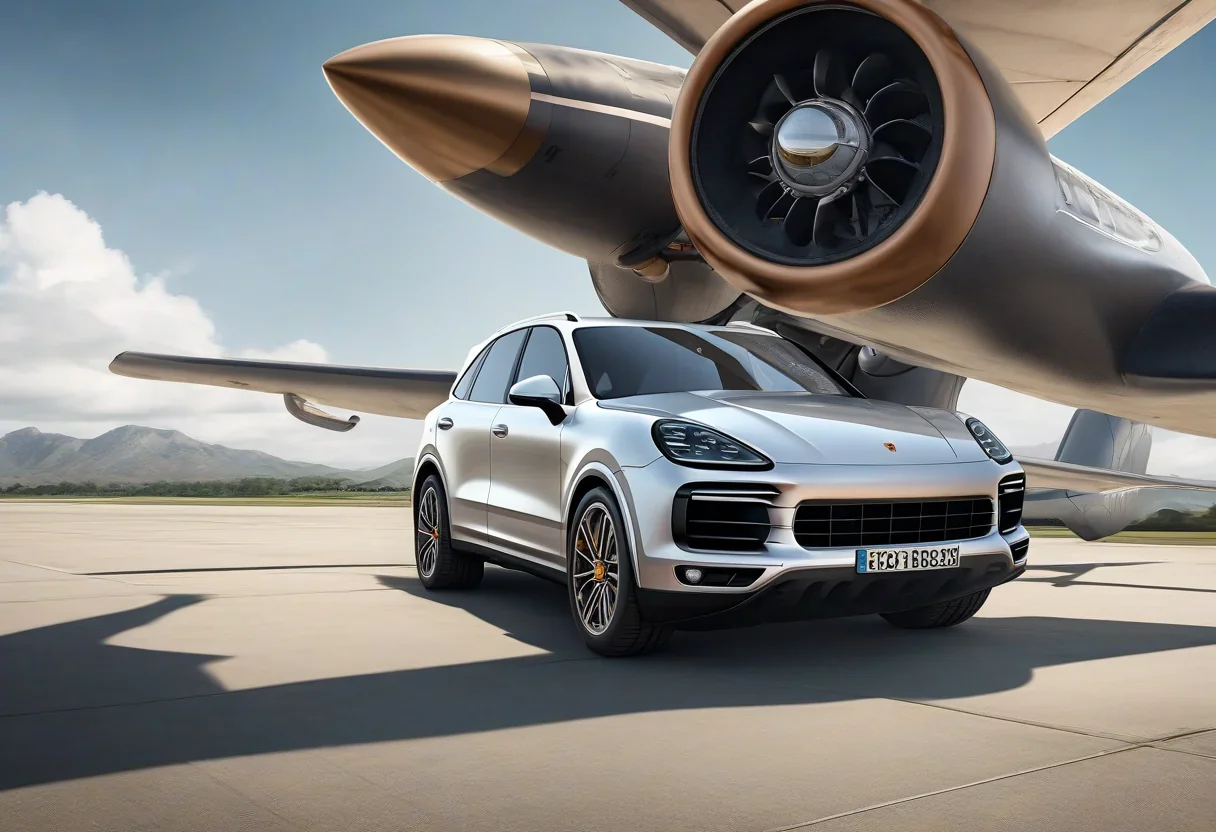 Porsche Cayenne Electric driving underneath a plane during takeoff