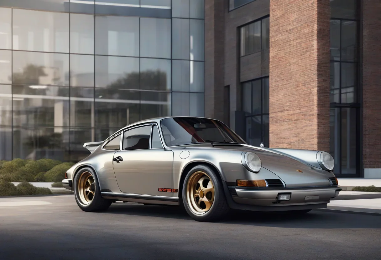 Porsche 911 with a blurred background of a factory or office building