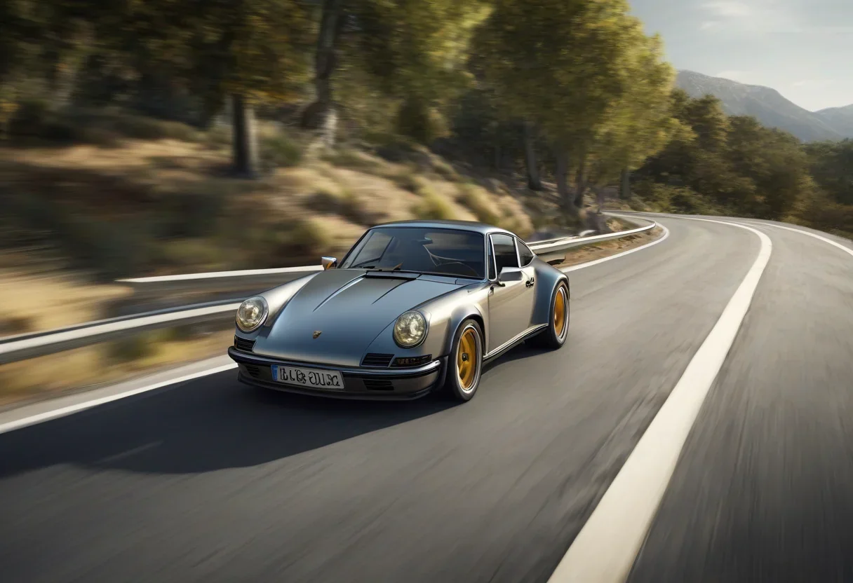 A Porsche 911 driving on a winding road, with a blurred background.