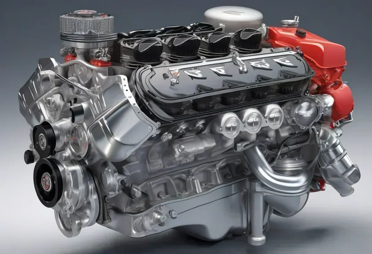 Rünge Cars flat-8 engine, with the engine block and cylinder heads visible.