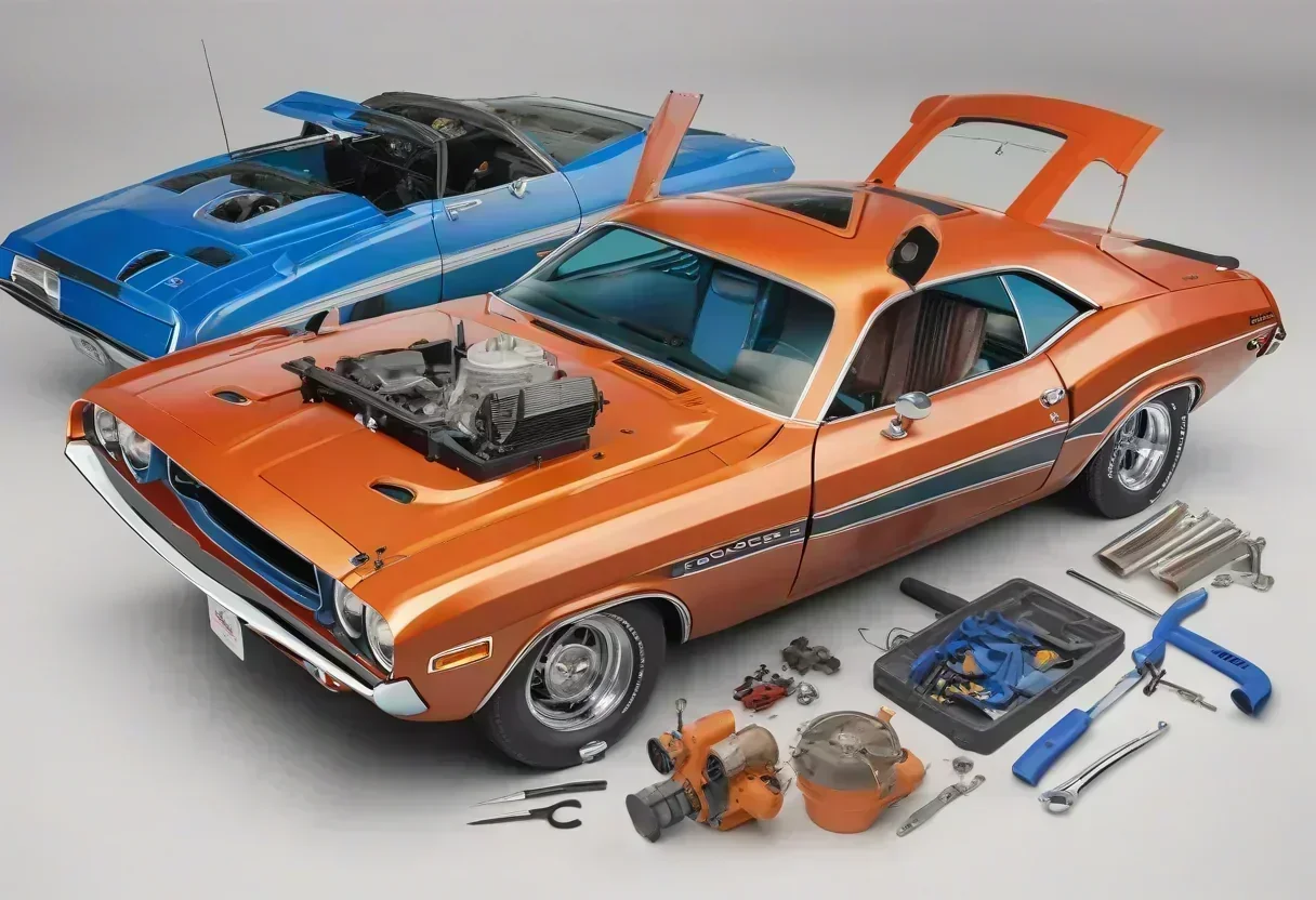 A 1970 Dodge Challenger in bright blue, with tools and parts scattered around it, indicating that it's being restored.