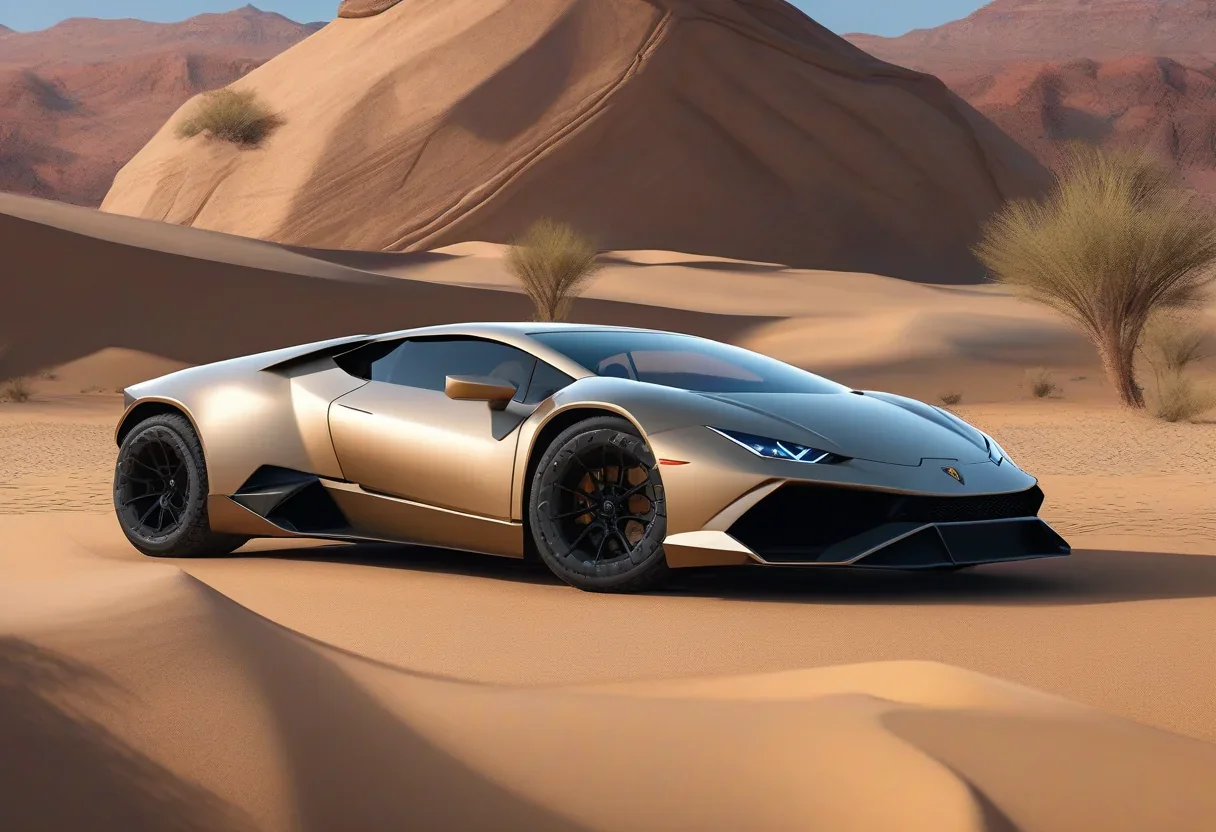 Rezvani Dune, a heavily modified Lamborghini Huracan with a supercharged V10 and all-terrain tires, in a desert landscape.