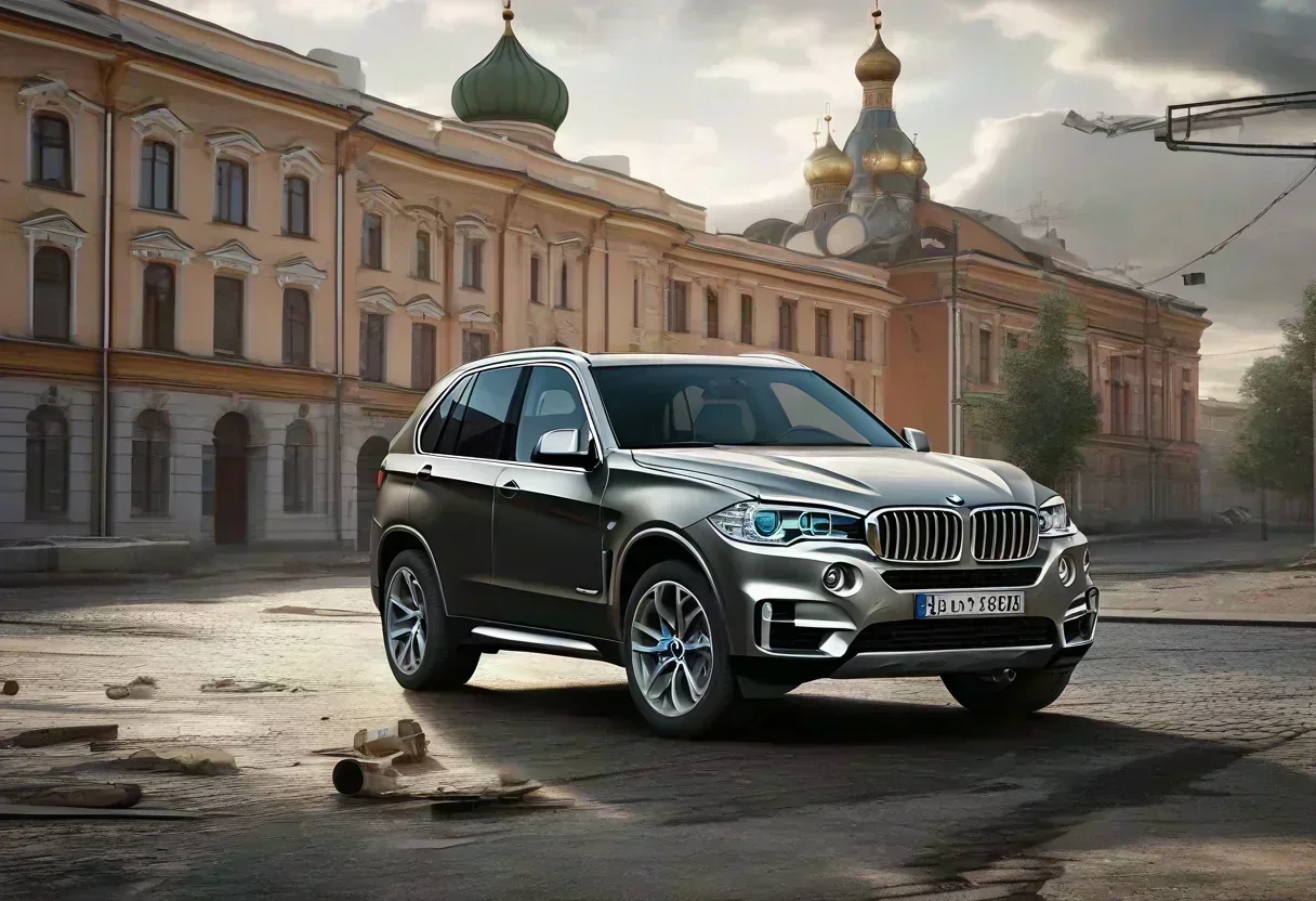 A BMW X5 with a mix of old and new parts, symbolizing the bootleg BMWs being sold in Russia