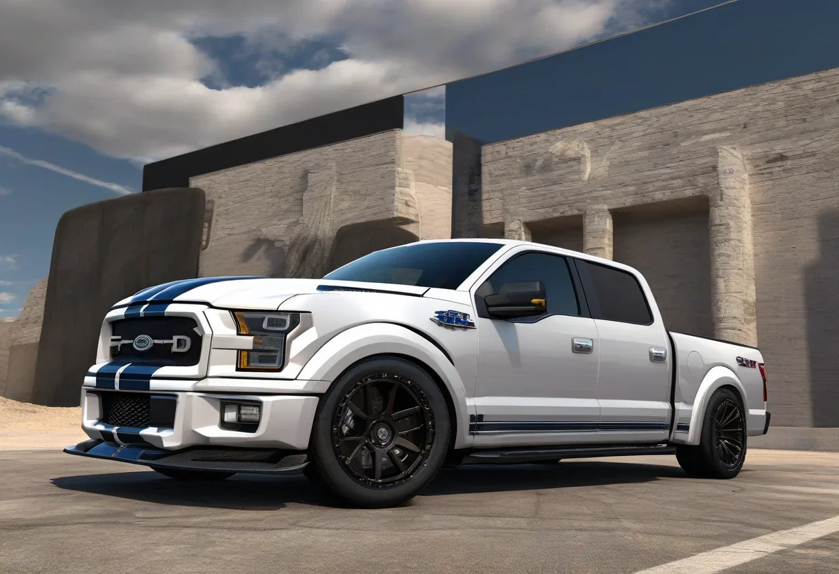 Shelby American Ford F-150 Super Snake with a dual-intake ram-air hood and racing stripes.