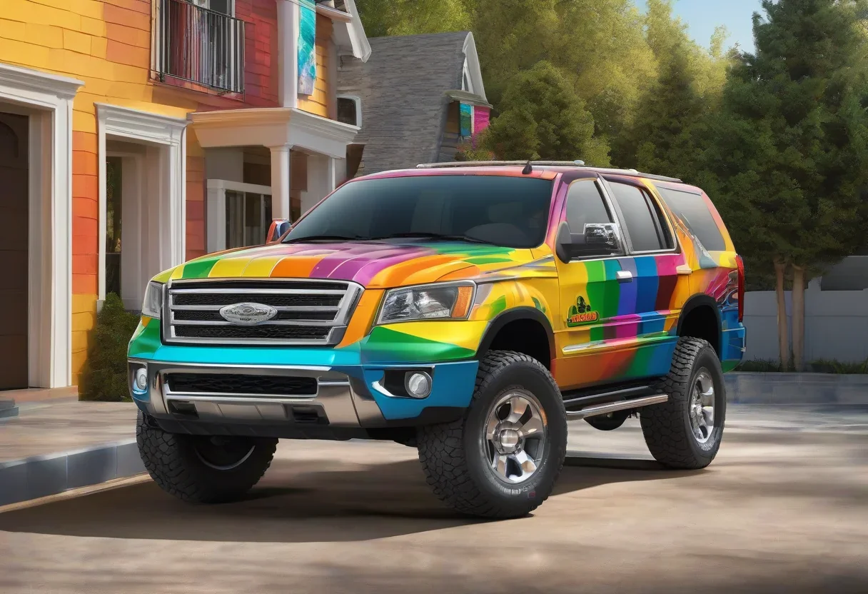 A Slate truck or SUV with a Crayola-inspired wrap, showcasing the unique and eye-catching design.