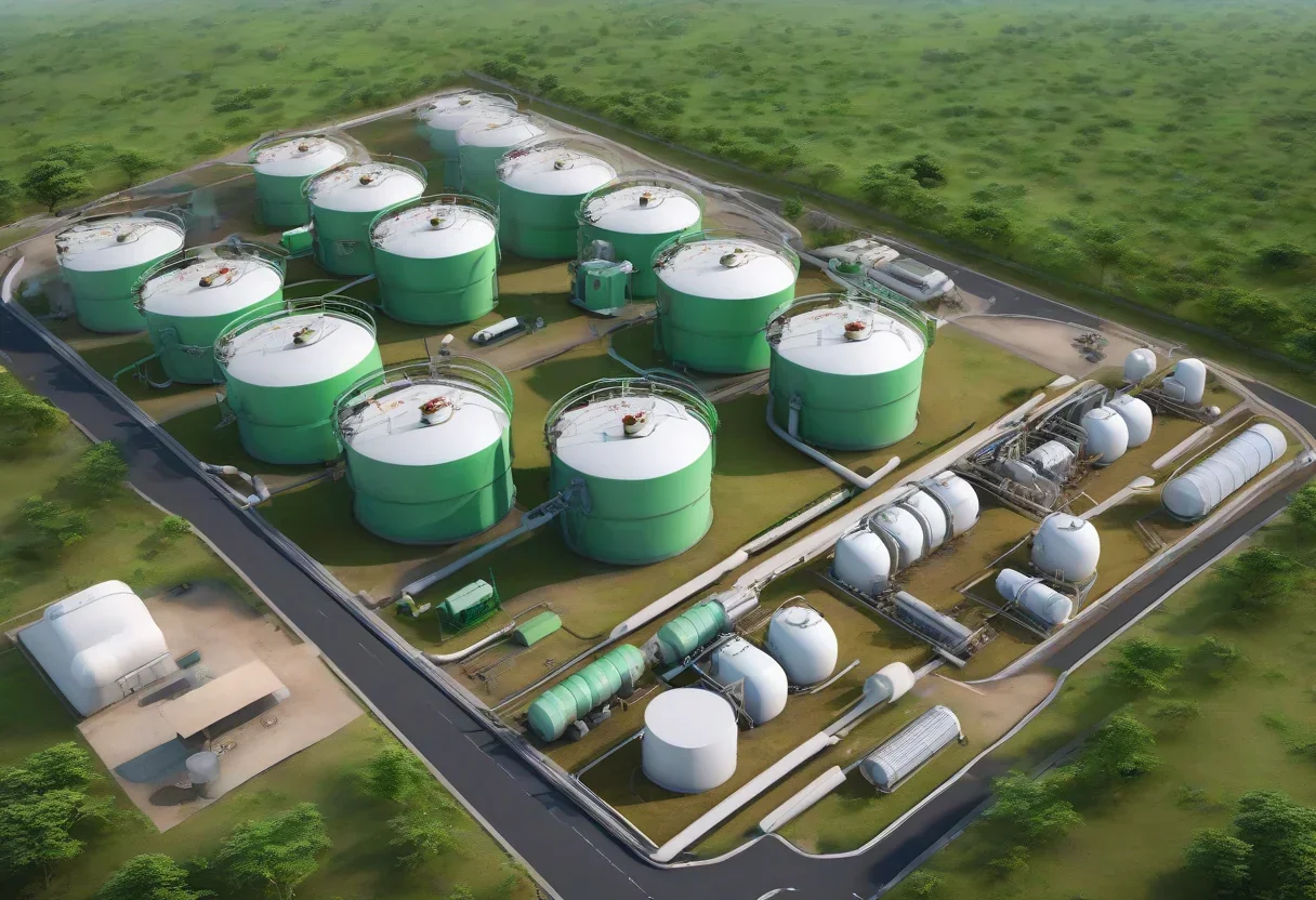 Aerial view of the Banas Suzuki Bio-CNG facility in Gujarat, with large round tanks and greenery