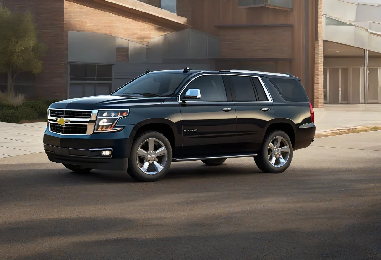 A Chevrolet Tahoe with a subtle hint of surveillance technology in the background.
