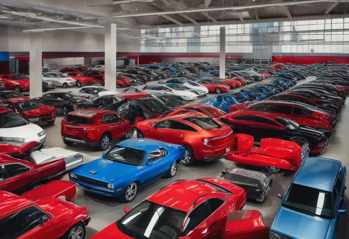 A used car lot with a variety of cars on display.