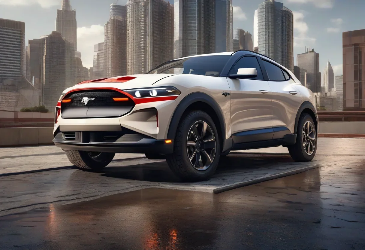 A Ford Mustang Mach-E with a cityscape in the background, highlighting the car's connectivity features.