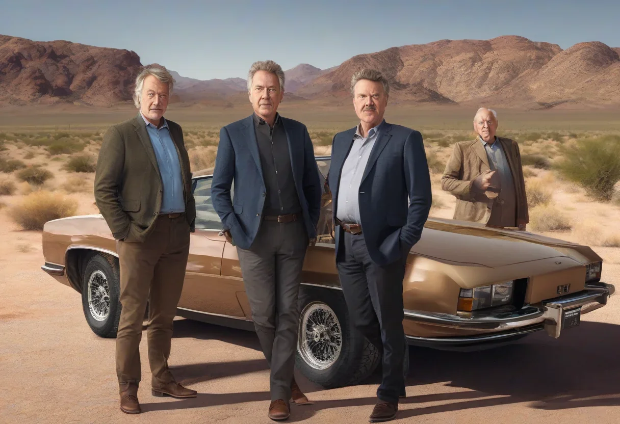 The three new hosts of The Grand Tour, James Engelsman, Thomas Holland, and Francis Bourgeois, standing in front of a car, with a desert landscape in the background.