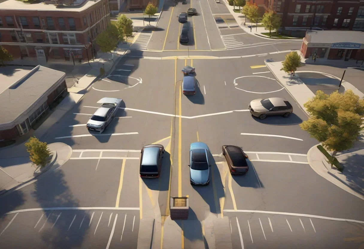 A Michigan Left intersection with cars navigating the U-turn and right turn.
