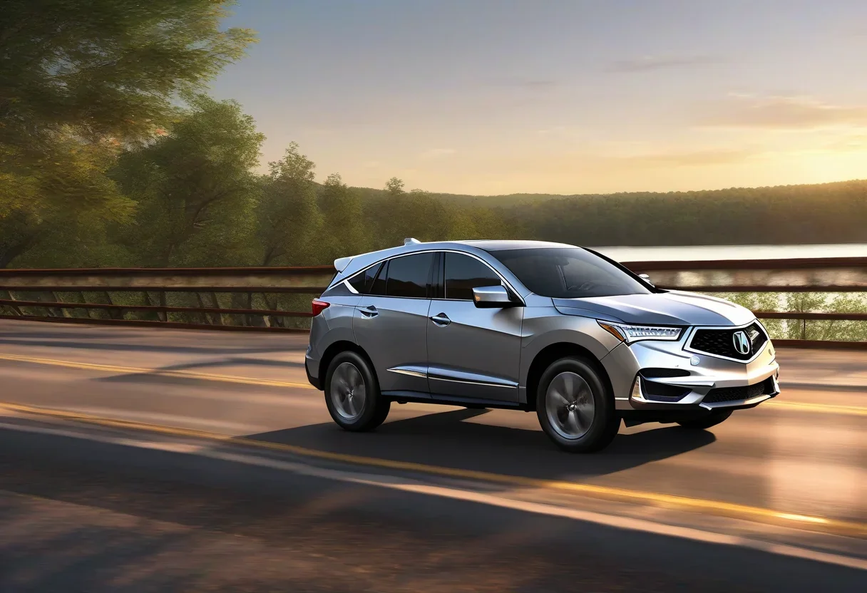 A 2026 Acura RDX driving on a bridge at sunset, with a steel arch structure and forested landscape in the background.