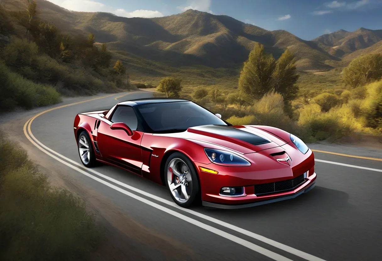 A red 2010 Chevrolet Corvette Grand Sport with a supercharger, parked on a scenic road.