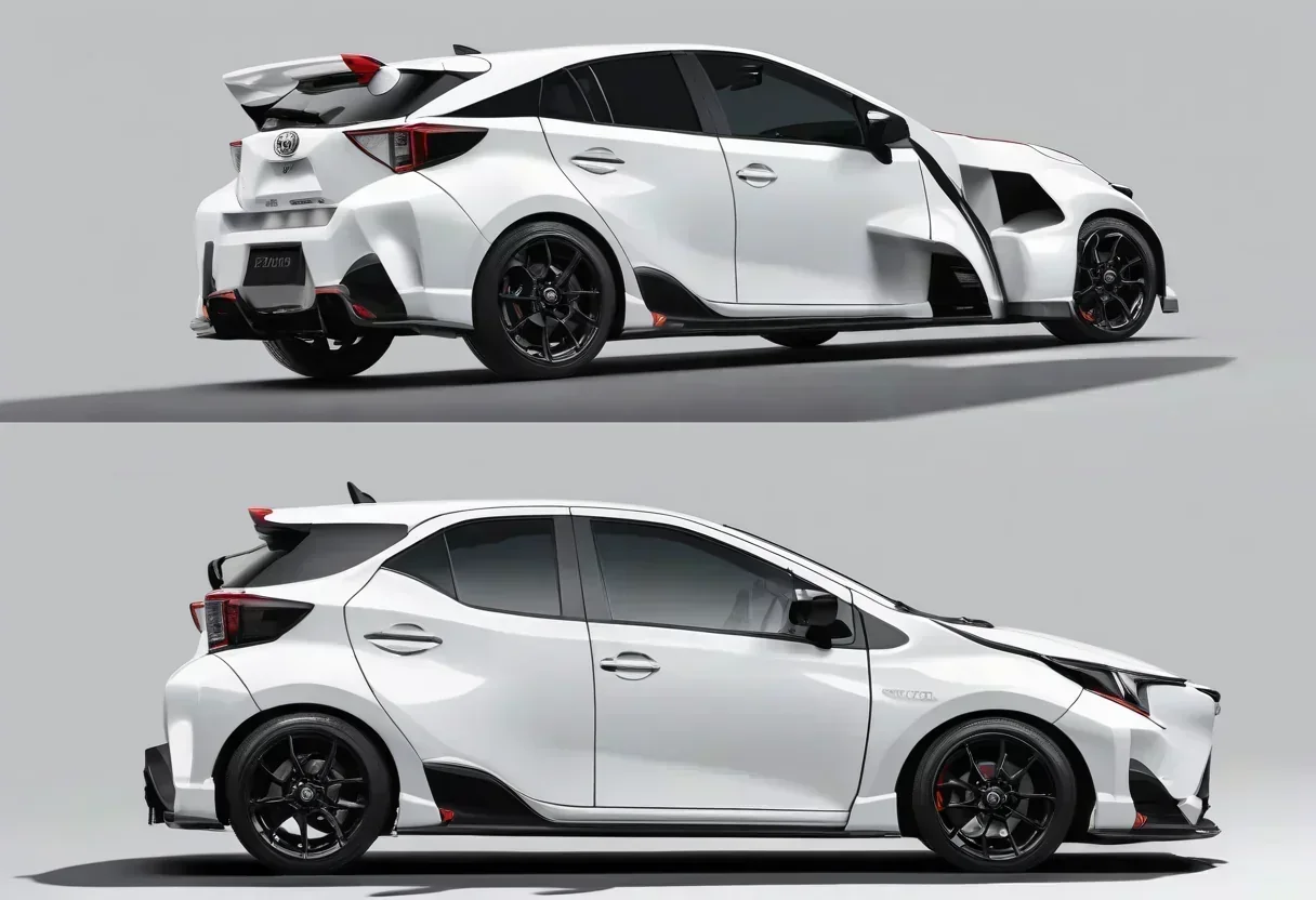 Toyota Aqua GR Sport in white, with a sporty bodykit and 17-inch alloy wheels.