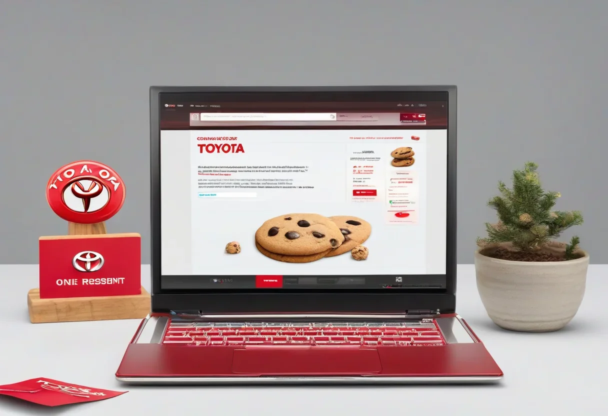A person using a laptop with a Toyota website on the screen, with a red 'X' symbol over the cookie consent banner.