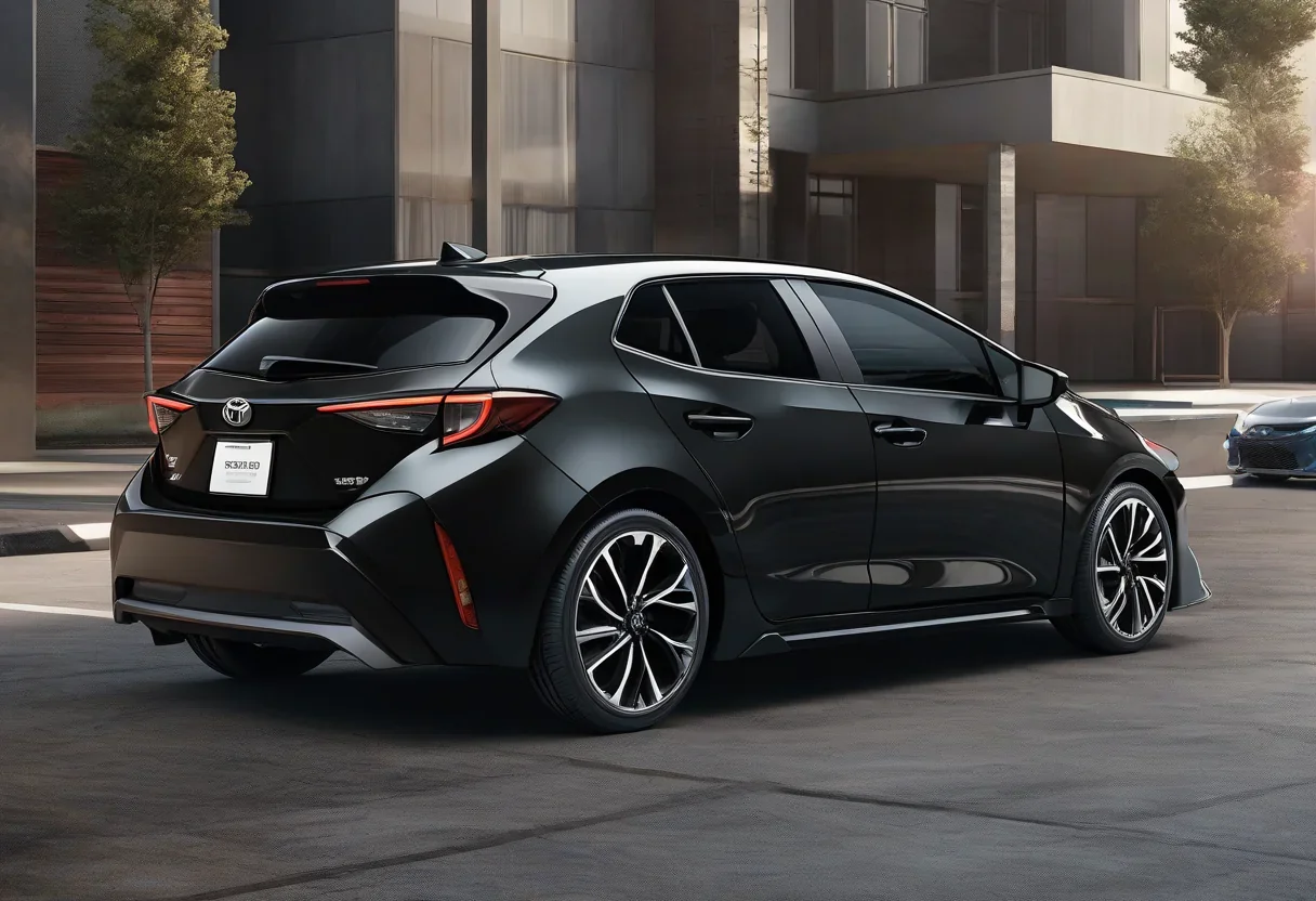 2027 Toyota Corolla Hatchback with white wheels and dark body color