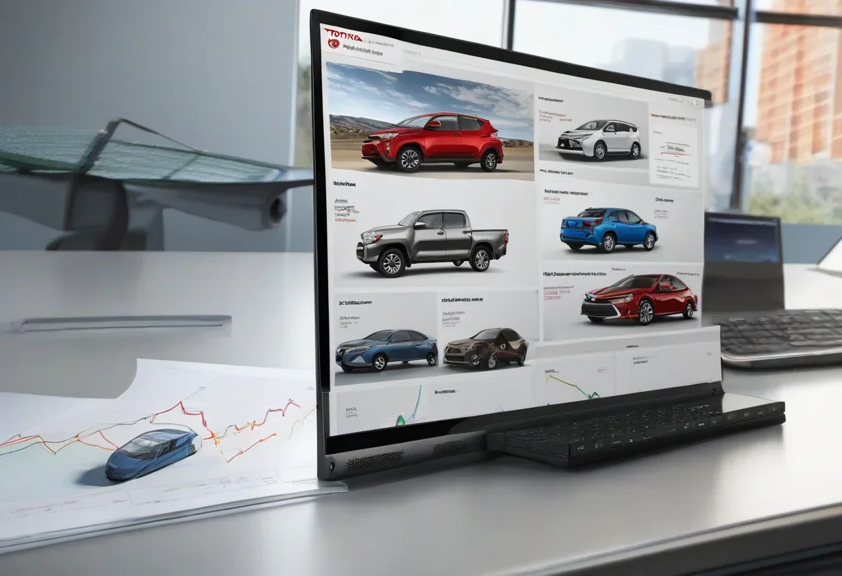 Toyota's website on a desktop computer, with a graph showing the company's website traffic in the background.