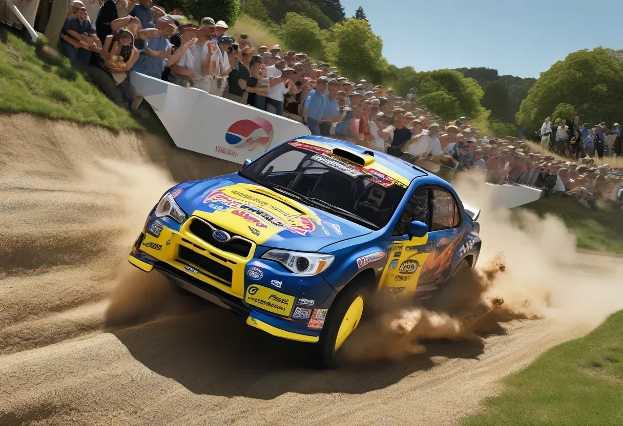 Travis Pastrana drifting the Subaru Brataroo up the Goodwood hillclimb