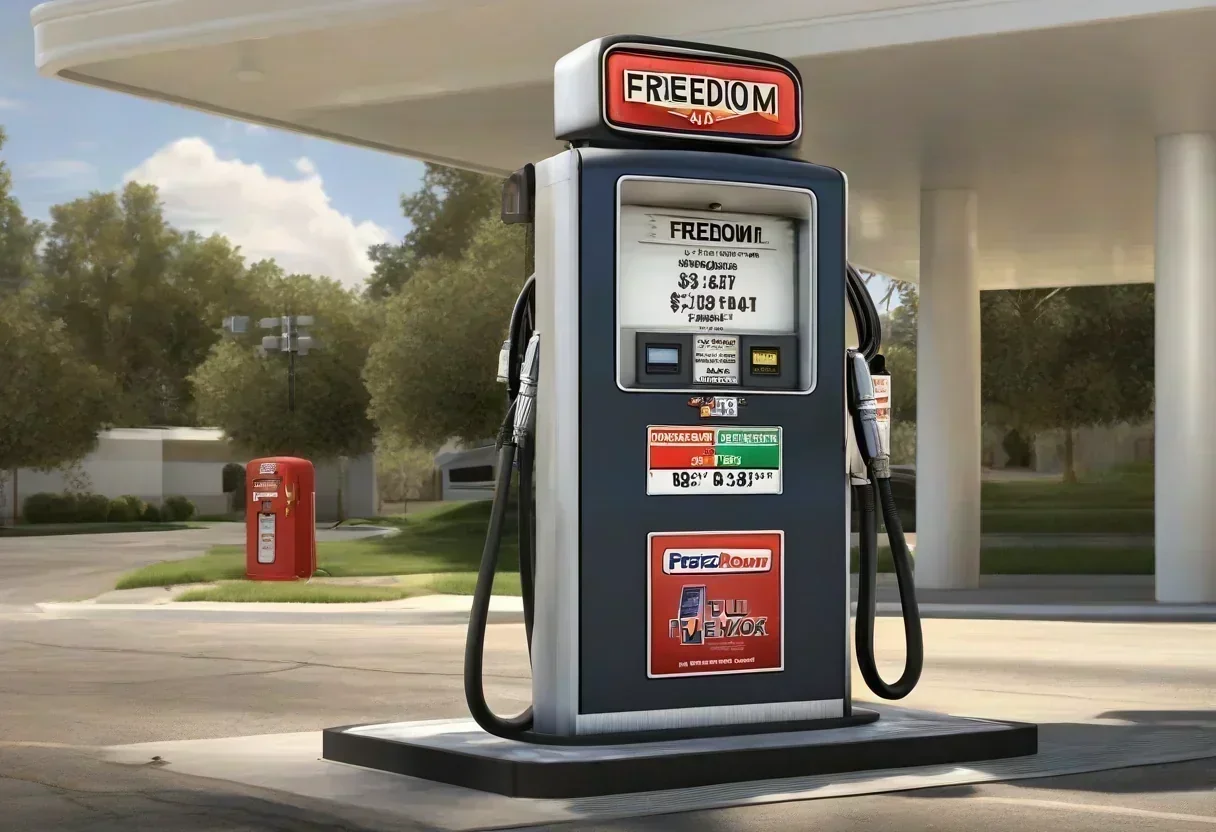 A gas pump with a sign reading 'Freedom Fuel Network' and a price of $3.47 per gallon.