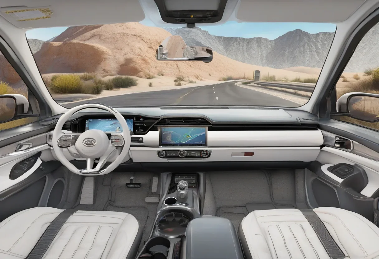 A car's dashboard with safety features displayed on the screen.
