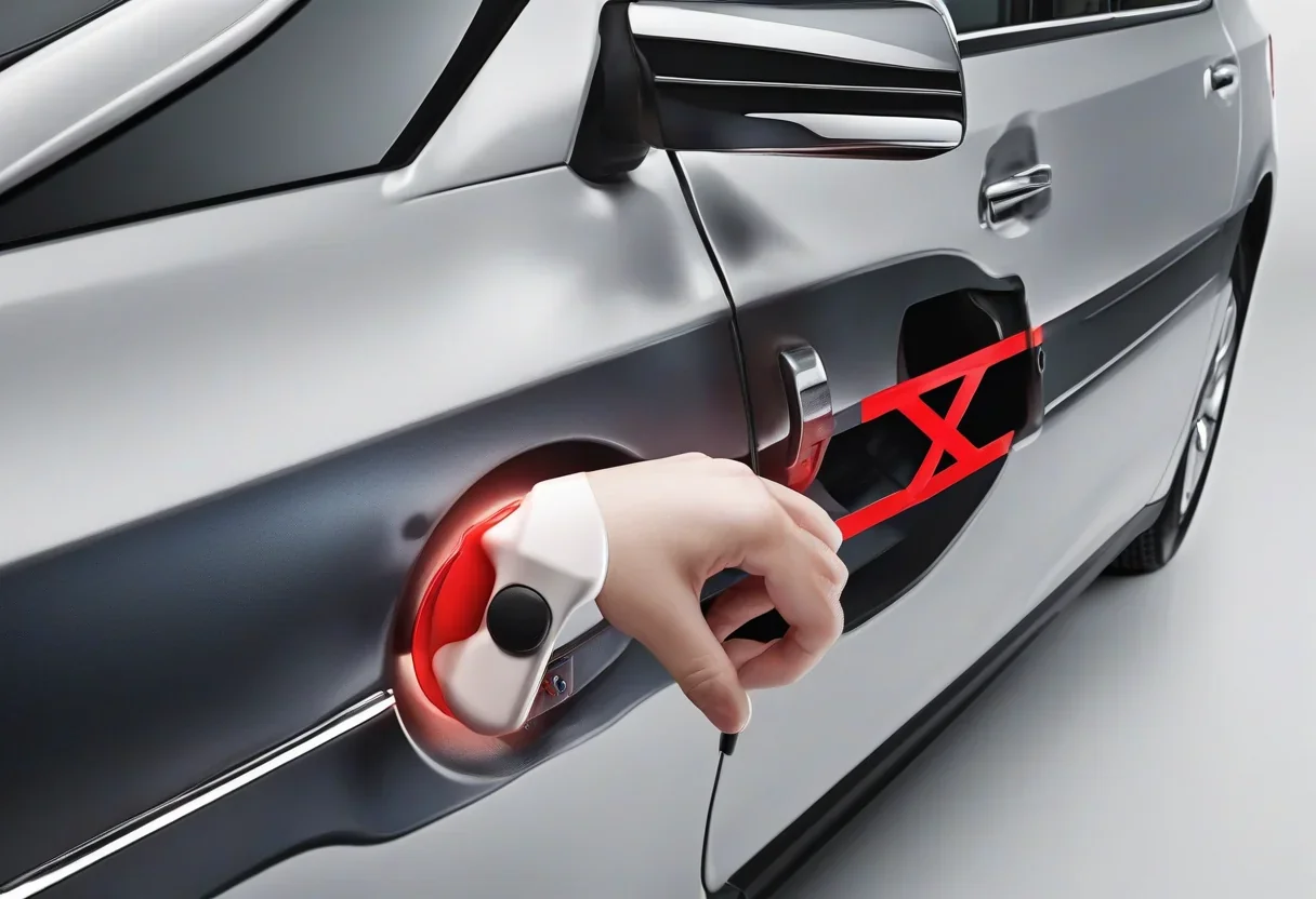A person struggling to open a car door with an electronic handle.