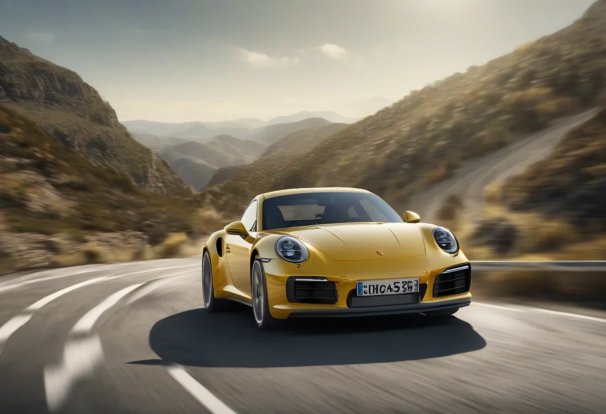 A Porsche 911 driving on a winding road, with a blurred background to emphasize the car's speed and agility.