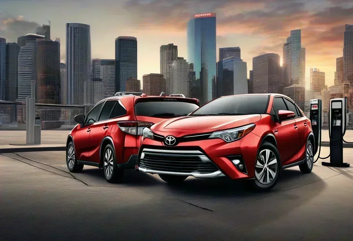 A Toyota CorollaCross Hybrid parked in front of a city skyline, with a gas pump in the background.