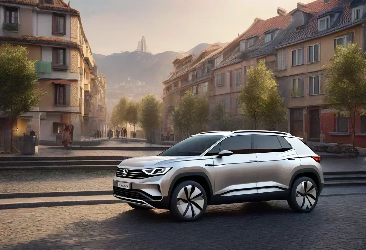 Volkswagen ID. Era SUV with a Chinese license plate in front of a European cityscape