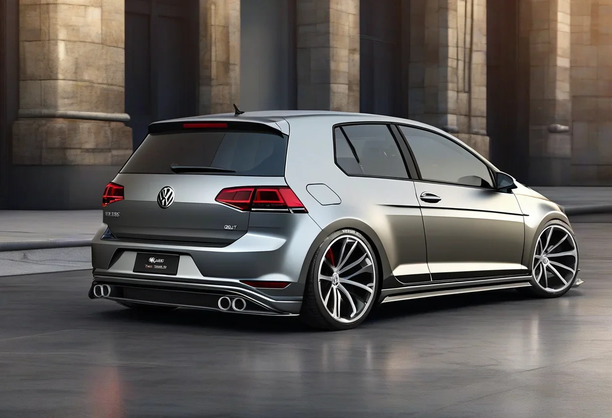 VW Golf with a 2.5-liter turbo-five engine producing over 1,000 hp, featuring a dramatic aerodynamic bodykit and an exhaust system that exits from the front bumper.
