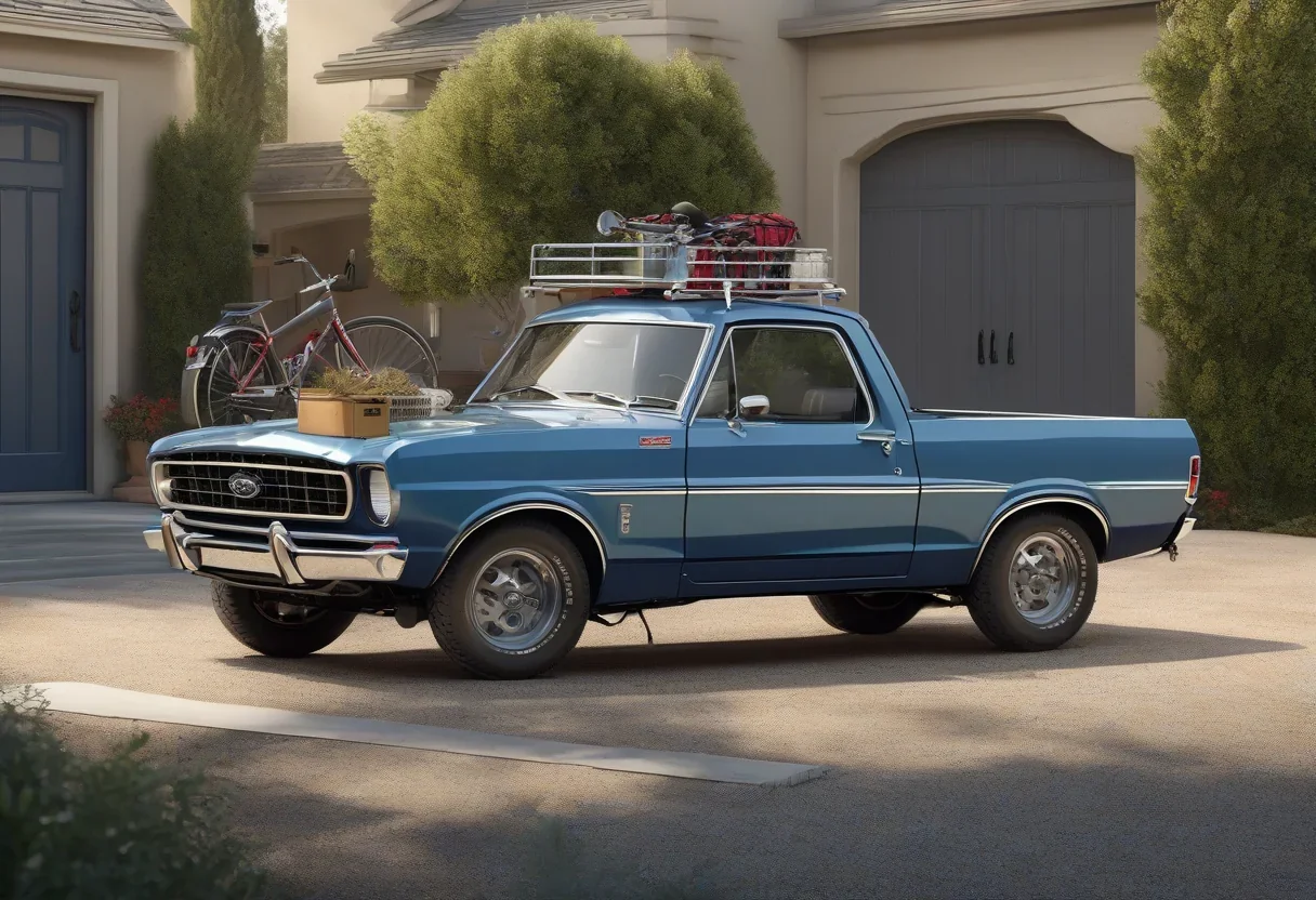 A Ford Maverick with a bike and cargo in the bed, parked in a driveway.