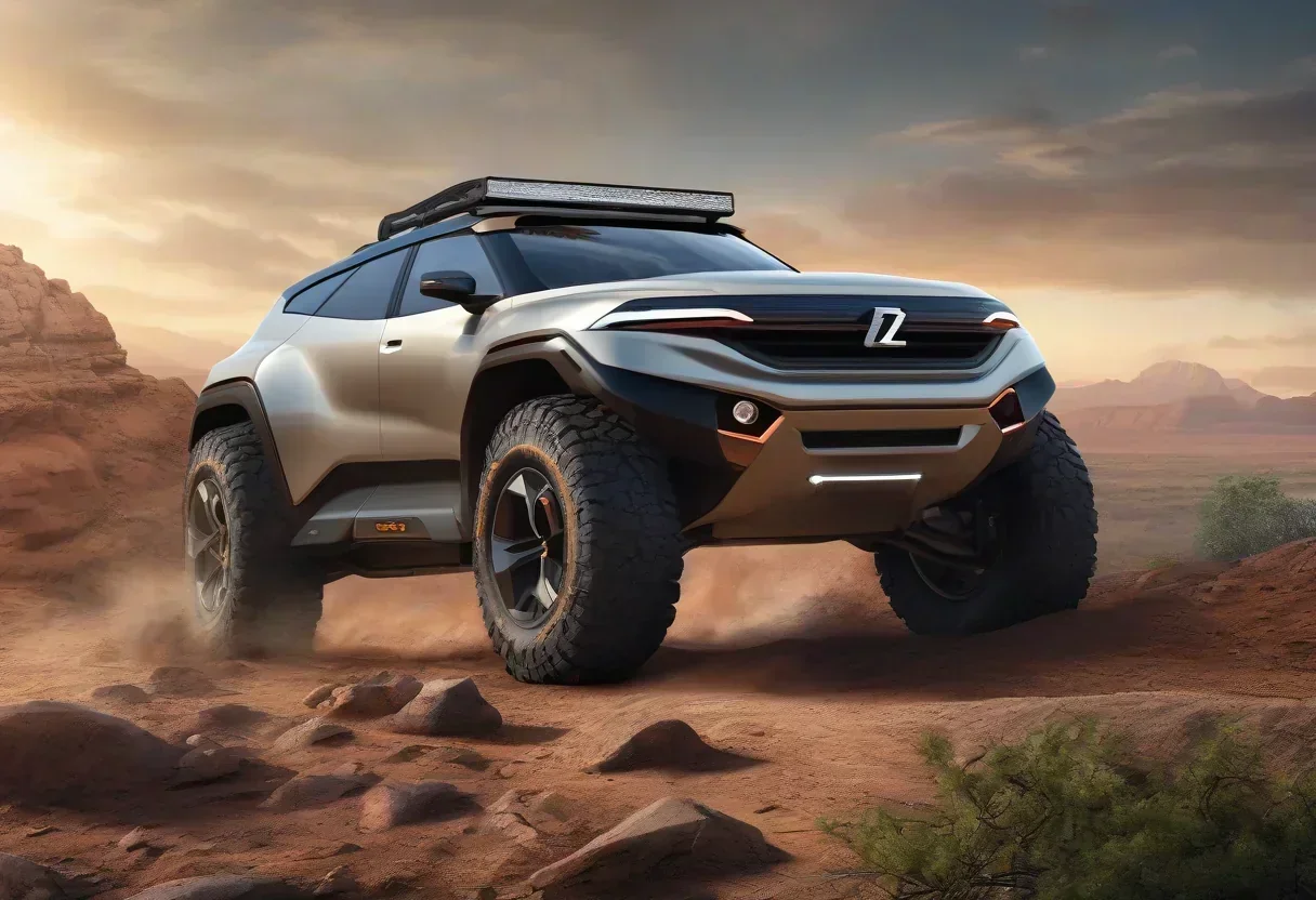 Zeekr off-road SUV concept, with a rugged design and advanced four-wheel-drive system, set against a scenic off-road backdrop.